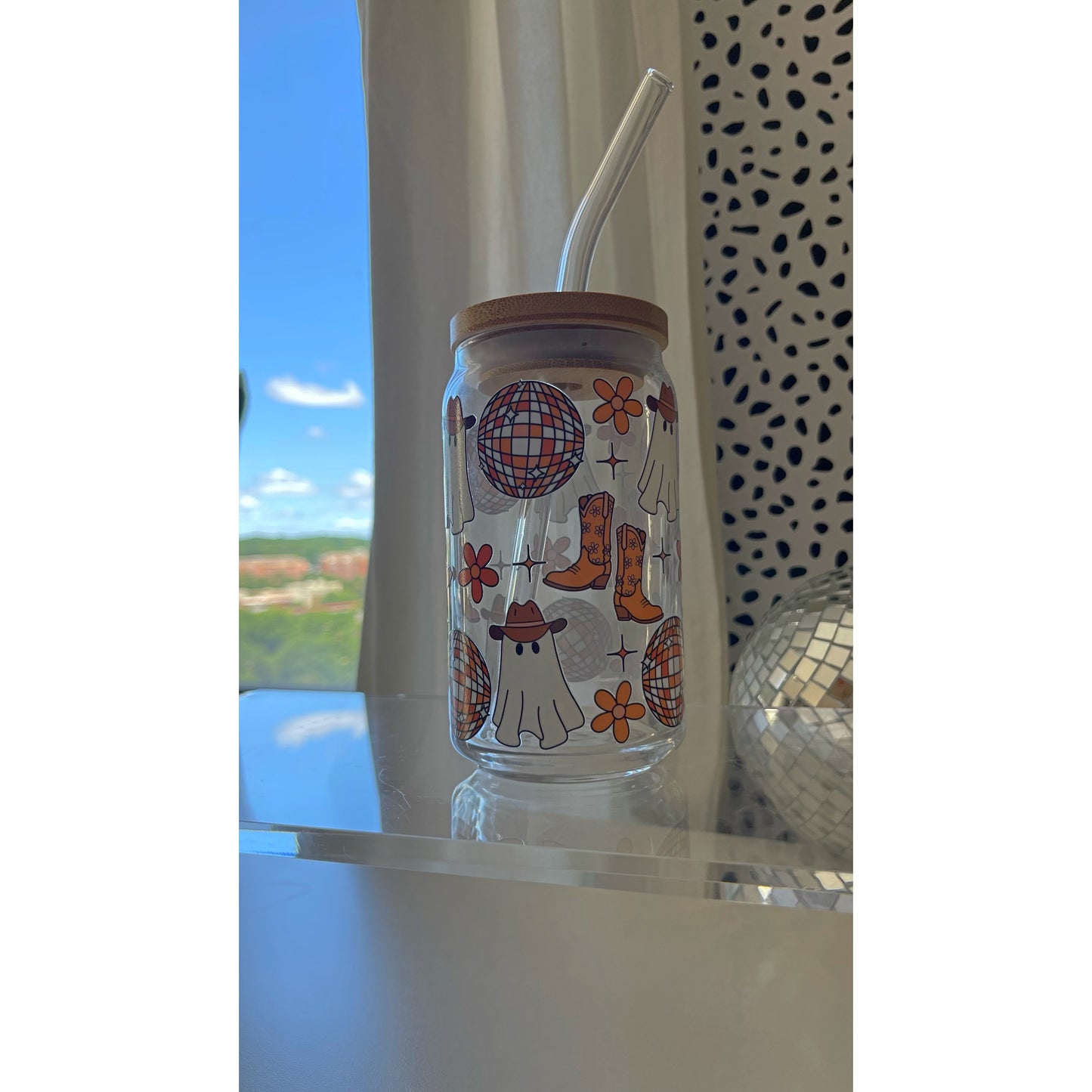 Disco + cow boots ghostie glass can