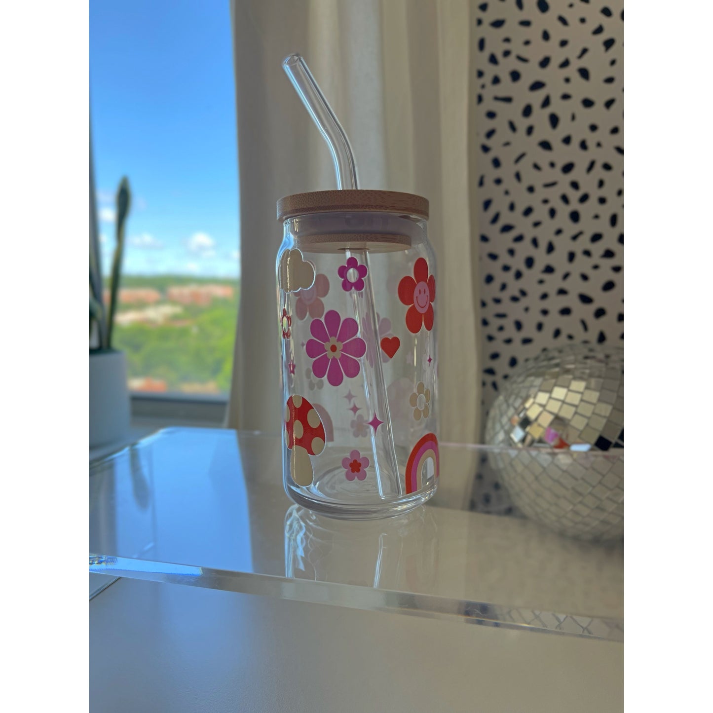 Mushrooms hearts retro glass can