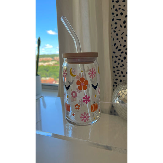 Bats & bright flowers glass cup
