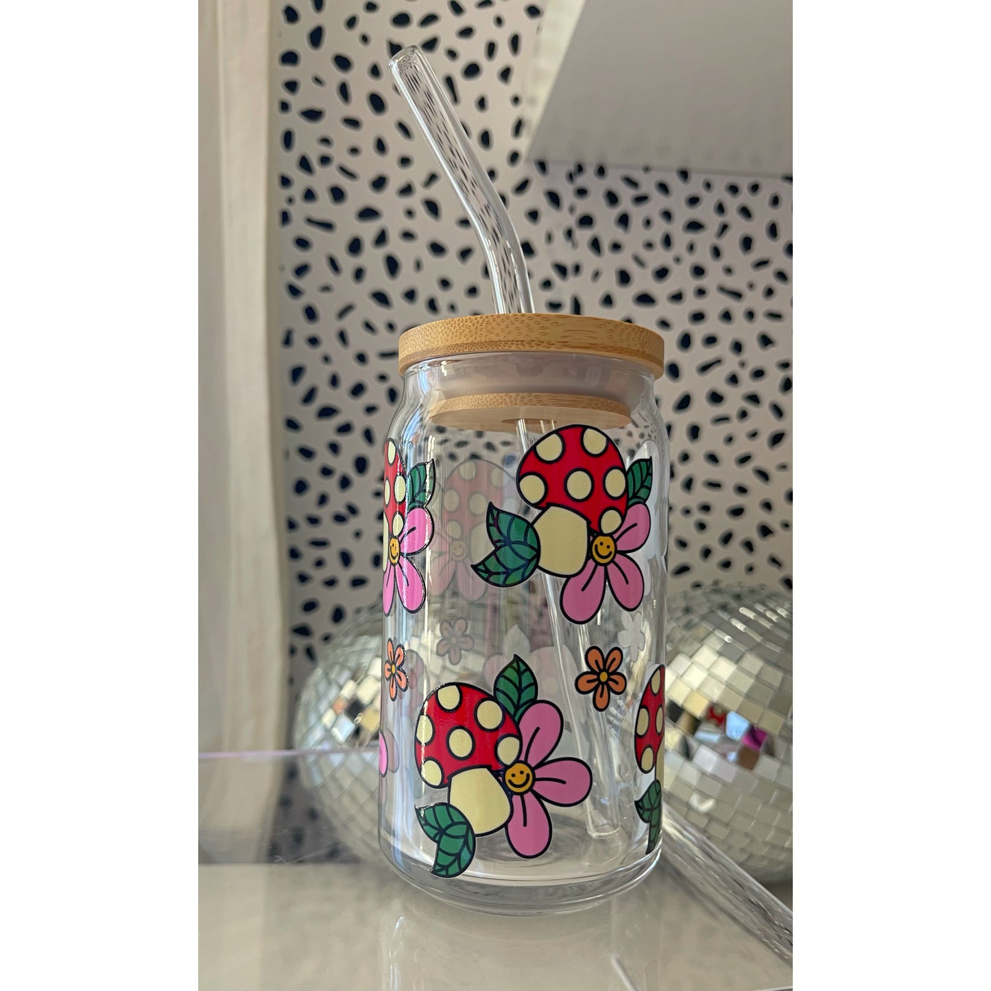 Mushroom/flowers glass can
