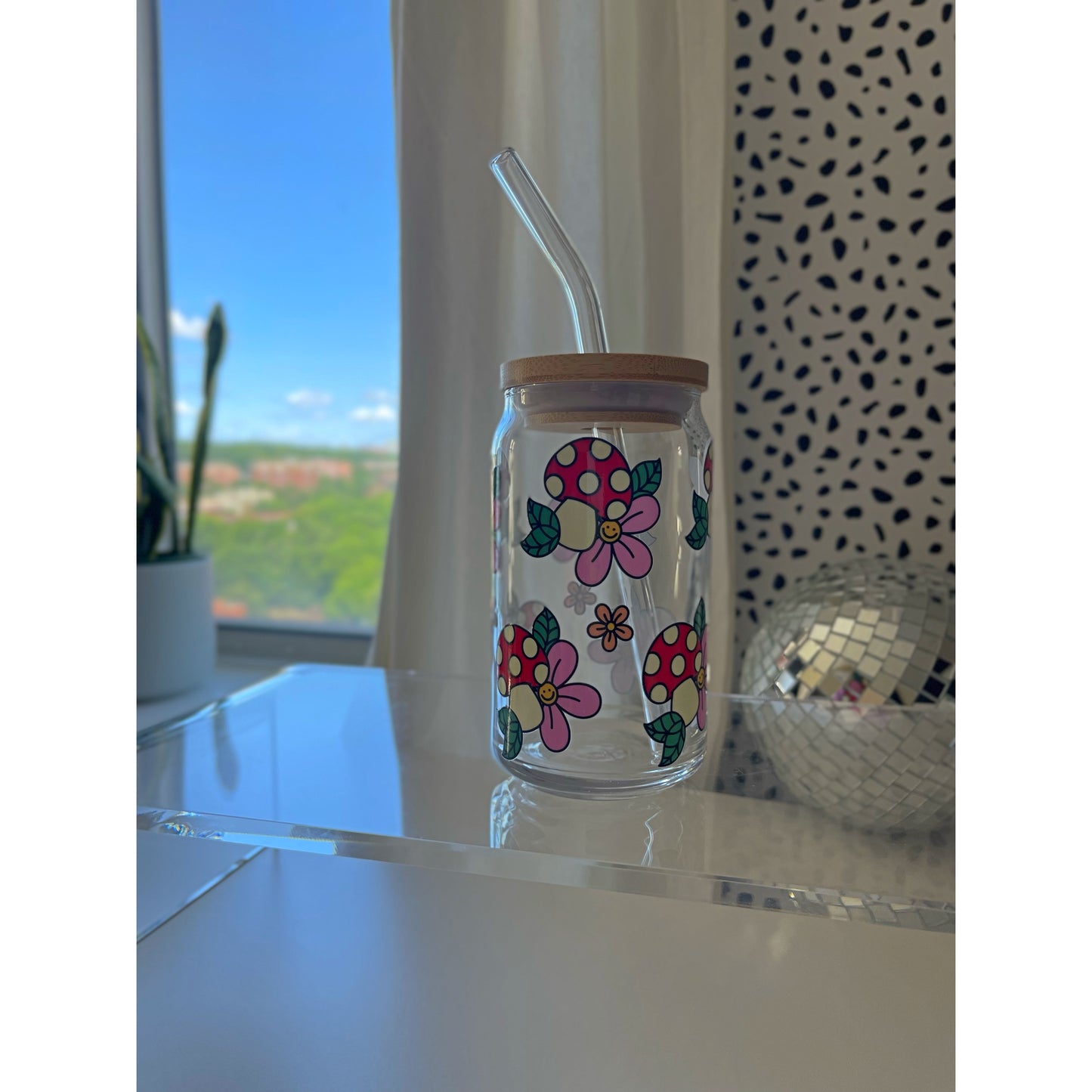 Mushroom/flowers glass can